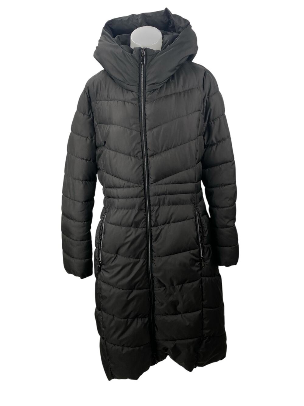 Tahari Womens Black Quilted Long Sleeve Hooded Fitted Puffer Parka Coat Jacket L